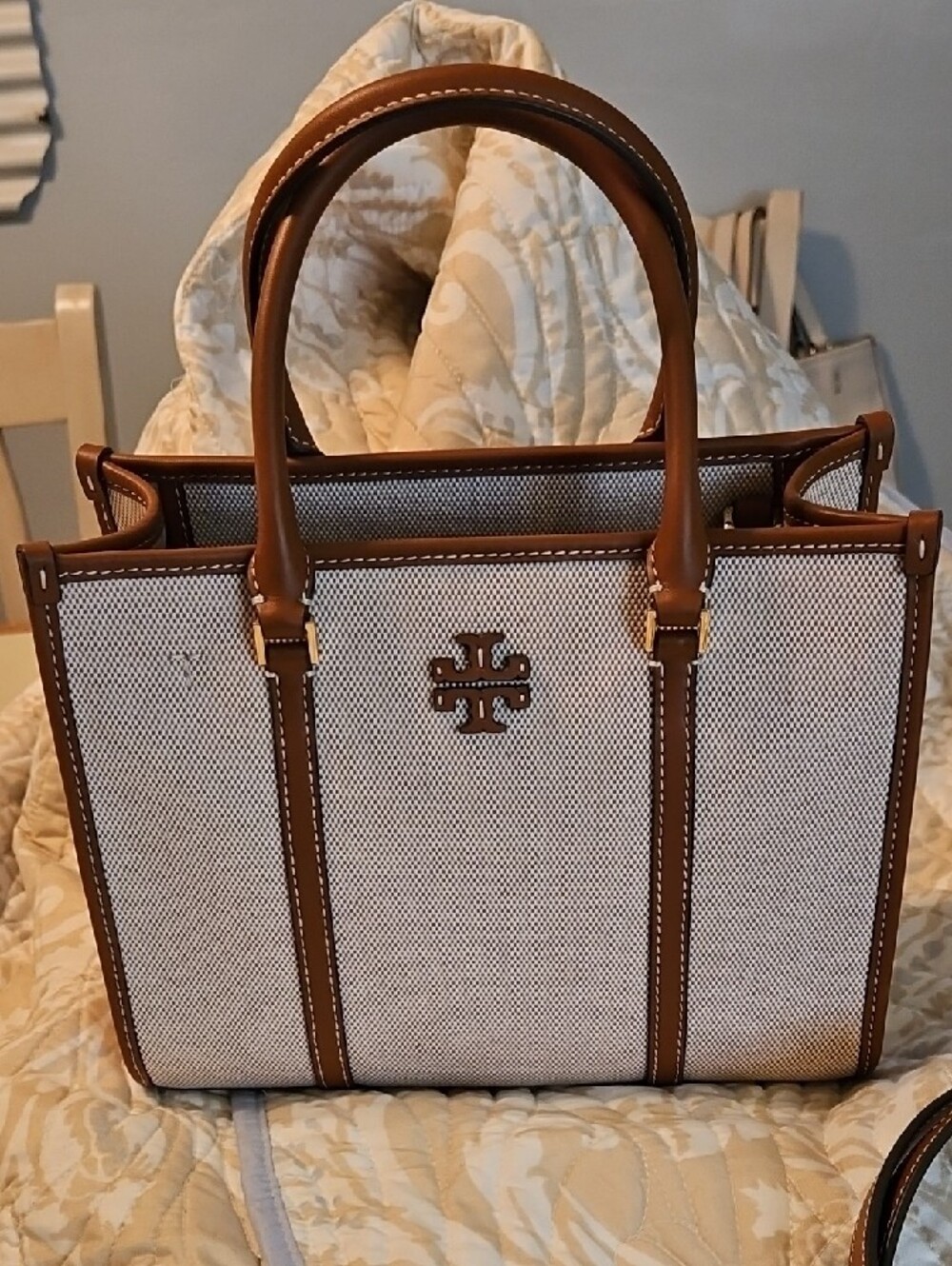 Tory Burch Blake Cream Canvas Satchel with Brown Leather Trim - Picture 3 of 15